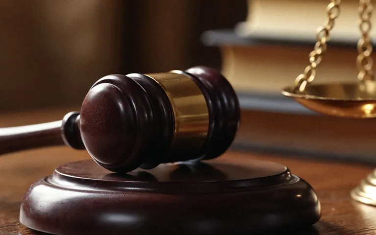 Close-up of a wooden judge's gavel with a brass band resting on a base, and a blurred golden balance scale in the background.