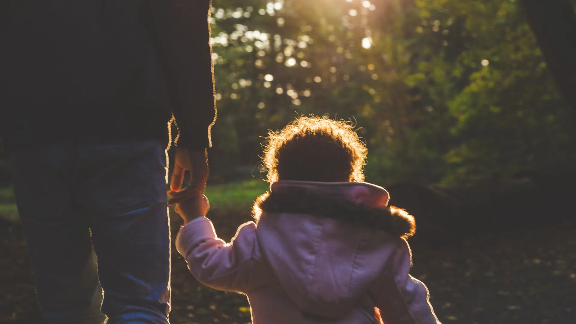 Adult and child holding hands walking outdoors in sunlight, surrounded by greenery.